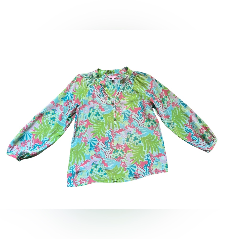 Lilly Pulitzer Silk Anya Blouse in Surf Blue Checking In Size 2 Popover